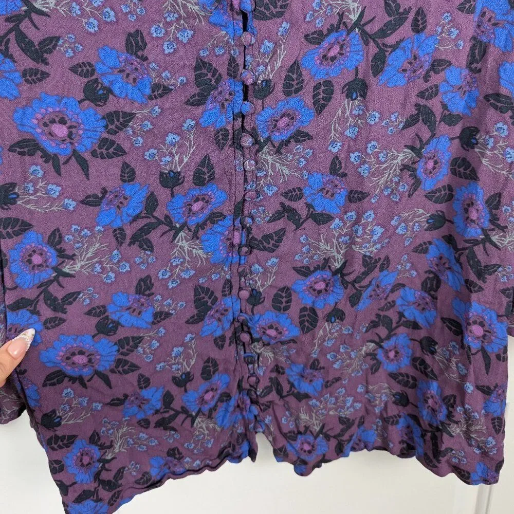 Free People | Purple Floral Bell Sleeve Tunic Blouse Size Small